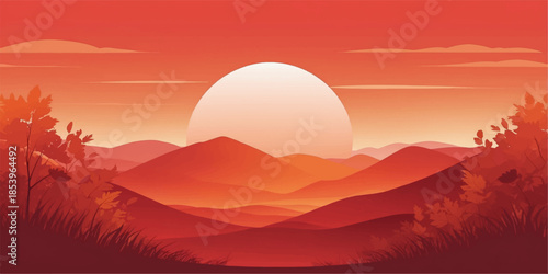 Mountain landscape with sunrise and sunset light, colorful sky, clouds, and mist over hills