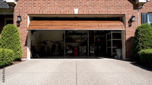A garage door opening to reveal a cluttered interior with various items stored inside on a sunny day