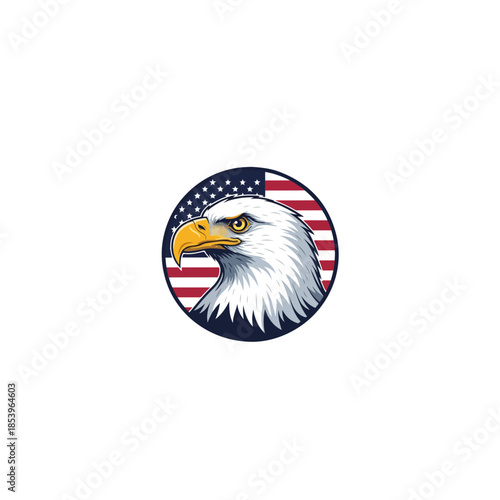 Bald eagle head emblem in circular badge.