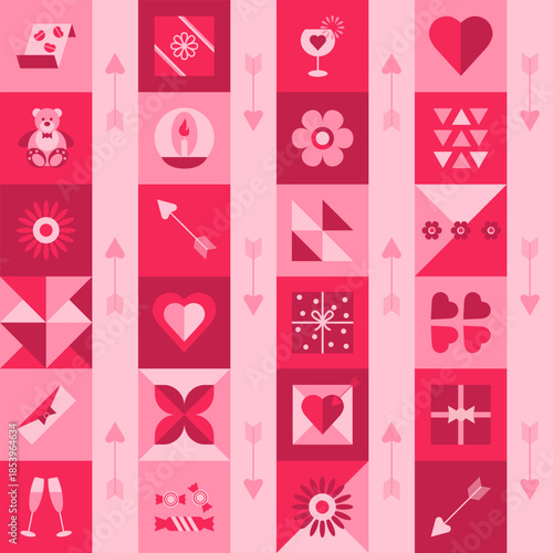 Modern seamless Valentine s Day pattern in geometric style with hearts, gifts and romantic symbols. Romantic background, Love icons for packaging, fabric, stationery, web and festive designs.