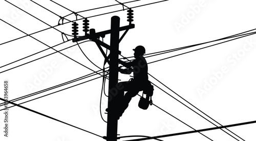 Silhouette of a lineman working on a utility pole with many power lines worker