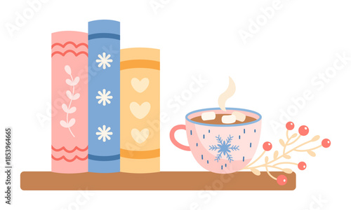 Winter bookshelf and holiday mug illustration, Pastel winter books, Christmas bookish aesthetic, Book lover gift, Cozy reading, Bookstore Holiday Graphic.
