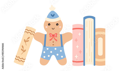 Cartoon winter books and gingerbread man illustration, Christmas bookish aesthetic, Book lover gift, Cozy reading, Bookstore Holiday Graphic, Seasonal vector illustration.