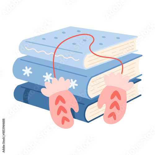 Winter books and pink mittens illustration, Christmas bookish aesthetic, Book lover gift, Cozy reading sticker, Bookstore Holiday Graphic.