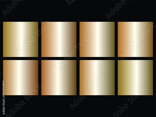 Collection of luxury metallic gold silver and bronze square gradient swatches isolated on black background