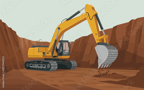 Yellow excavator digging into the earth in a quarry landscape from a side viewpoint