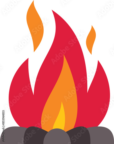 Bonfire with red and orange flames burning over gray stones, isolated illustration