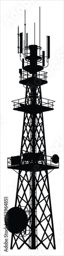 Silhouette of a tall telecommunications tower with antennas and dishes satellite