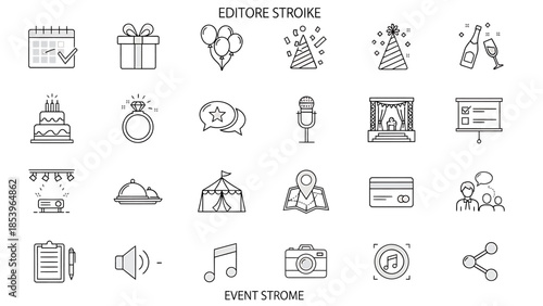 A collection of editable vector line icons representing events, celebrations, and various related elements for graphic design and web applications