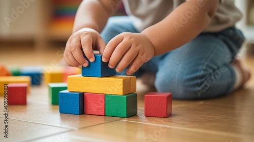 Child's hands carefully stacking colorful wooden building blocks on a wooden floor.