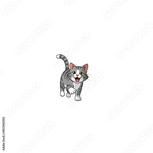 Playful illustrated gray cat walking toward viewer.