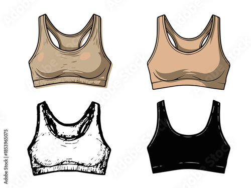 Hand-drawn vector illustrations showcasing an essential and diverse collection of women's sports bras, ideal for activewear and comfortable support during workouts and everyday fitness routines