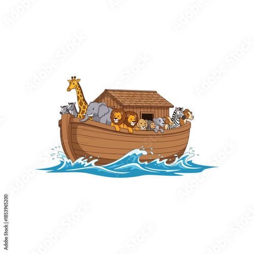 Noahs Ark Boat Carrying Various Animals Adrift on Sea.