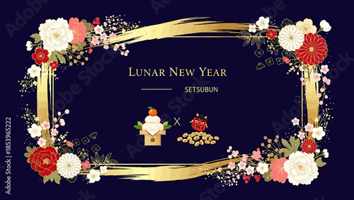 Elegant Seasonal Celebration Vector for Lunar New Year and Setsubun with Traditional Japanese Festive Elements, Golden Brushstroke Frame, and Beautiful Blooming Floral Accents