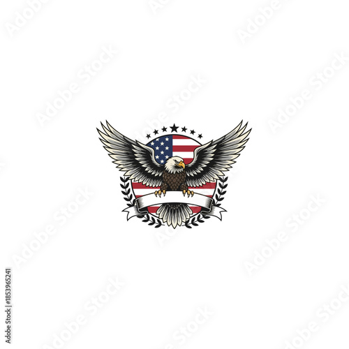 Patriotic bald eagle emblem with American flag shield.