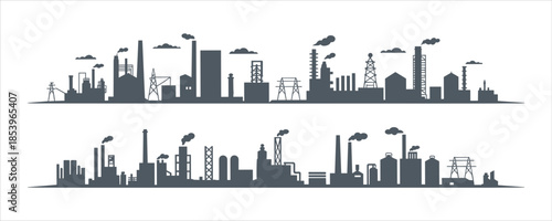 Silhouette Of Industrial Factory Skyline With Smoke Stacks And Power Lines industry