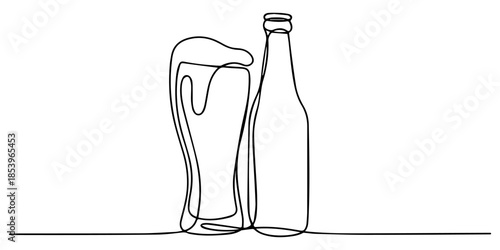 Continuous one line drawing of Beer glass bottle vector illustration. Editable outline, continuous line of wine bottles and glasses.one line drawing vector of wine bottles and glasses. wine drawn