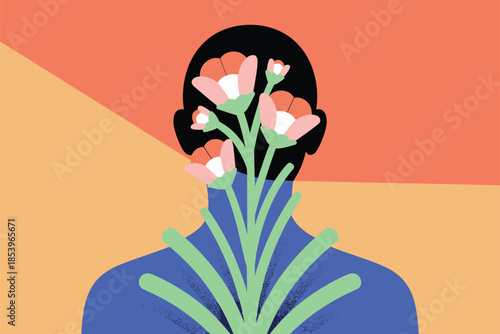A person with flowers blooming from their head in a vibrant, abstract background