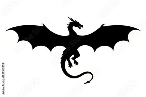 Black dragon silhouette with wide spread wings isolated on white background, mythical fantasy creature symbol, medieval heraldic beast illustration, gothic monster emblem, fire breathing dragon shadow