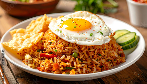 An appetizing horizontal shot of Nasi Goreng Indonesian fried rice with a sunny-side-up egg on top, prawn crackers, and pickles on a white plate.