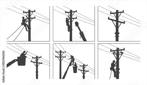Six panel silhouette illustration of electricians working on utility poles and power lines worker