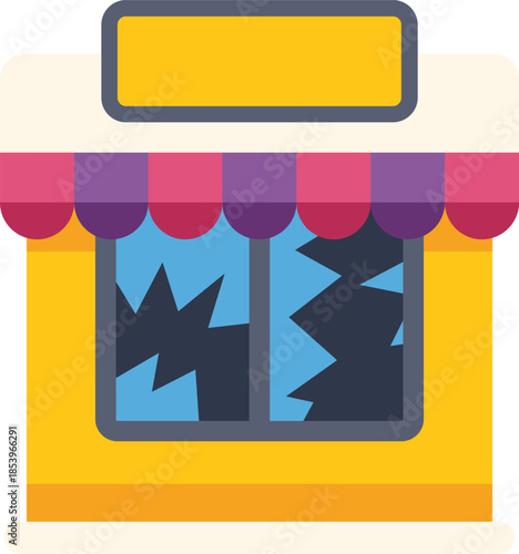 Illustration of a vandalized store with broken windows and empty sign representing economic decline and urban decay