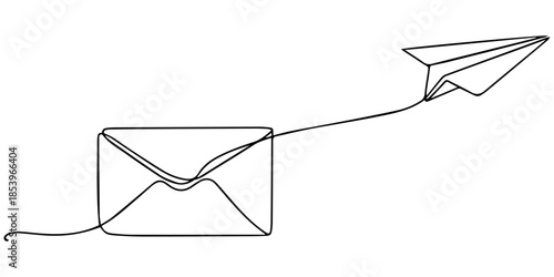 Envelope with a paper airplane flying out of it in one line art style. Mail drawing with editable black stroke on white background. Vector illustration, Continuous one line drawing of envelope mail