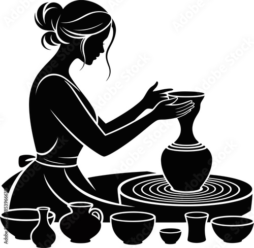 Silhouette of Female Potter Working at a Pottery Wheel, Artisan Handcrafting Ceramic Vase Illustration