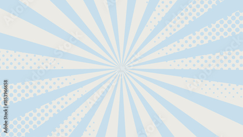 Soft pastel radial sunburst background with gentle blue and cream rays and halftone dots, minimal retro comic style abstract backdrop for banners posters web design presentations and creative layouts