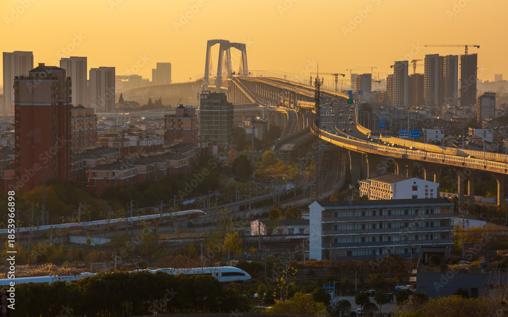 Fototapeta premium Wuhu Yangtze River Third Bridge urban viaduct and high-speed train scenery, China