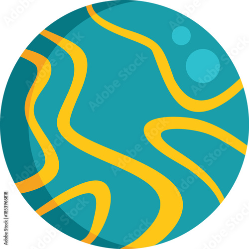 Turquoise planet with yellow rivers rotating in the vastness of space