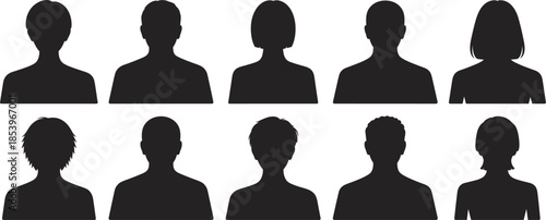 Ten diverse black silhouette head and shoulder profiles of men and women shoulders people