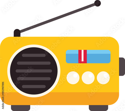 Yellow portable radio playing music with extended antenna, isolated on white background