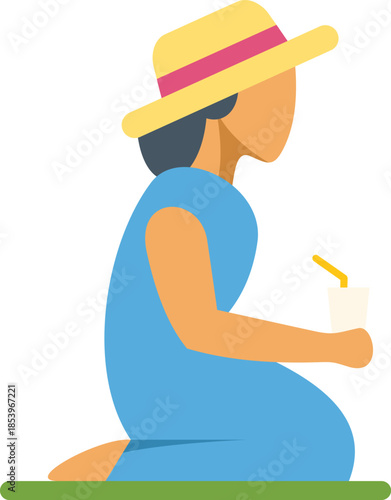 Woman enjoying a refreshing drink while kneeling on a patch of grass, wearing a summer hat