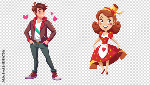 young-man-character--standing-pose and happy-woman-character--side-pose--valentine-dress