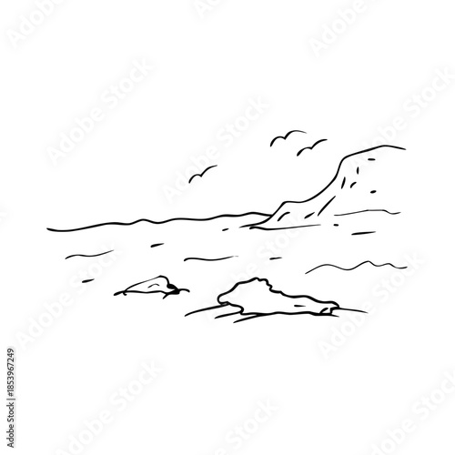 Graceful sea shore sketch depicting ocean coastline with gentle waves, distant cliffs. Sea shore sketch includes sparse rocks on beach, birds flying above horizon.