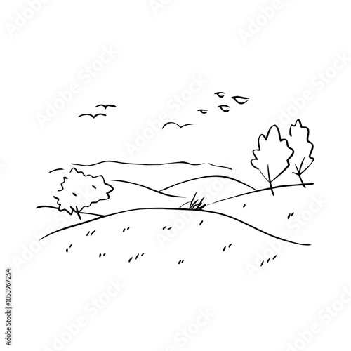Landscape sketch shows rolling hills, sparse trees, flying birds. Hand drawn seasonal landscape sketch shows tranquil outdoor scene.