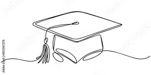 Continuous one single line of graduation hat isolated on white background, continuous line graduation cap.one line drawing of graduation cap. university graduation sign. one line Icon drawing
