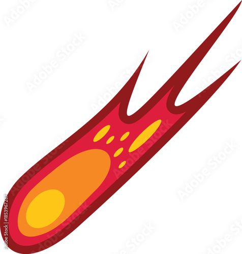 Red and yellow meteor is flying through space, burning with a fiery tail