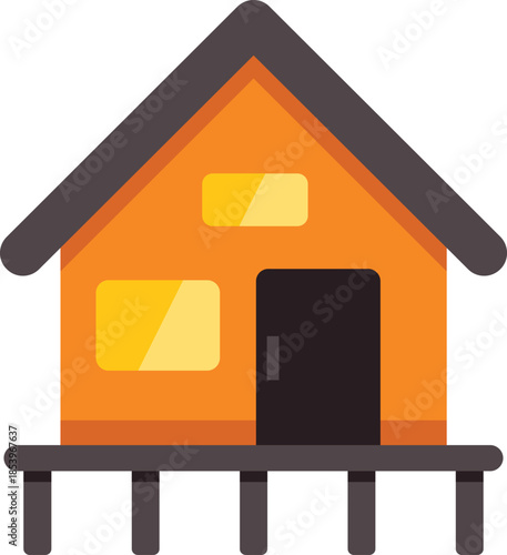 Simple flat design of an orange wooden house on stilts, with a black roof and door, isolated on white