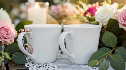 Wallpaper Mural Two White Mugs Surrounded by Roses and Greenery. Torontodigital.ca