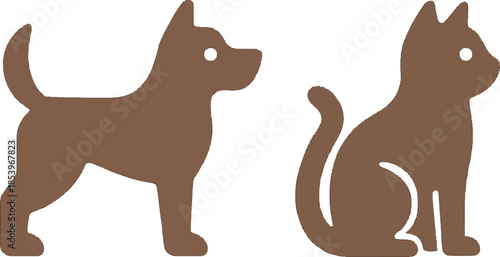 Minimalist flat vector illustration of a dog and cat standing side by side for pet care branding veterinary clinic logos and domestic animal services.
