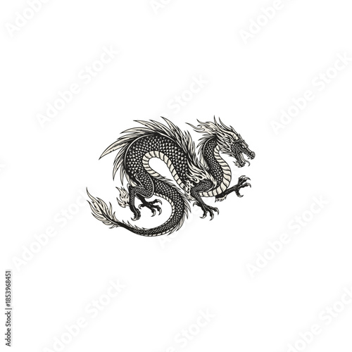 Two Headed Dragon Illustration With Coiled Body.