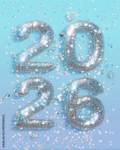 2026 Typography with Glittery Confetti Drip in Iridescent Silver and Sky Blue for Holiday Greeting Designs, Celebration Invitations, Festive Social Media Posts, and Cheerful Brand Promotions

