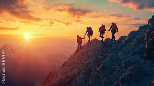 Four hikers with backpacks stand atop a rocky ridge at sunset, their silhouettes framed by golden light as they celebrate teamwork, courage, and the thrill of the climb