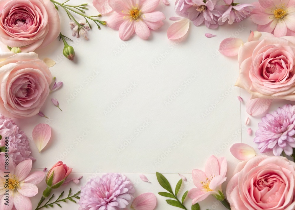 Fototapeta premium Elegant Floral Frame with Pink and Purple Flowers Surrounding Empty Space for Design
