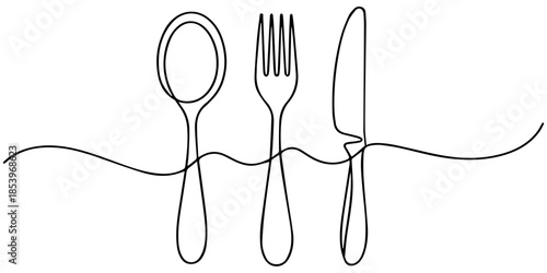 Tea spoon in one continuous line drawing, Spoon Single one line art, linear style, isolated on a white background, Continuous One Line Drawing. Spoons, Forks, Knife, Eating Utensils. Cooking Utensils