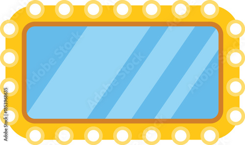 Gold makeup mirror with light bulbs reflecting light blue surface, isolated on white background