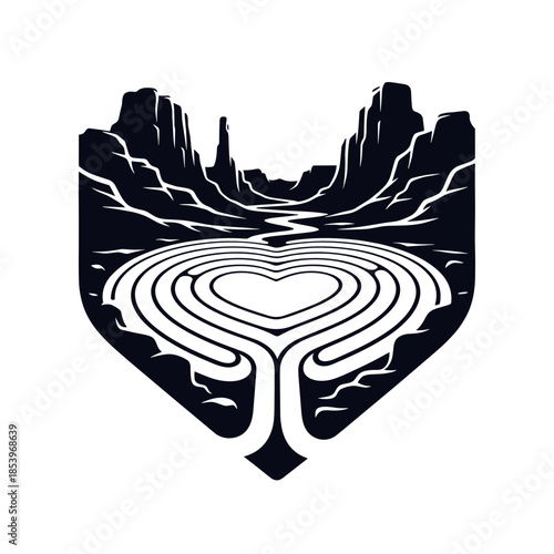 Sandstone heart labyrinth design in a desert canyon landscape  
