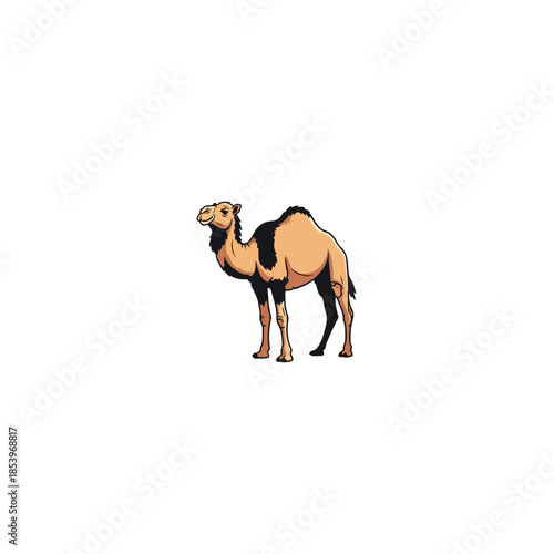 Illustrated camel standing with curved neck and legs.